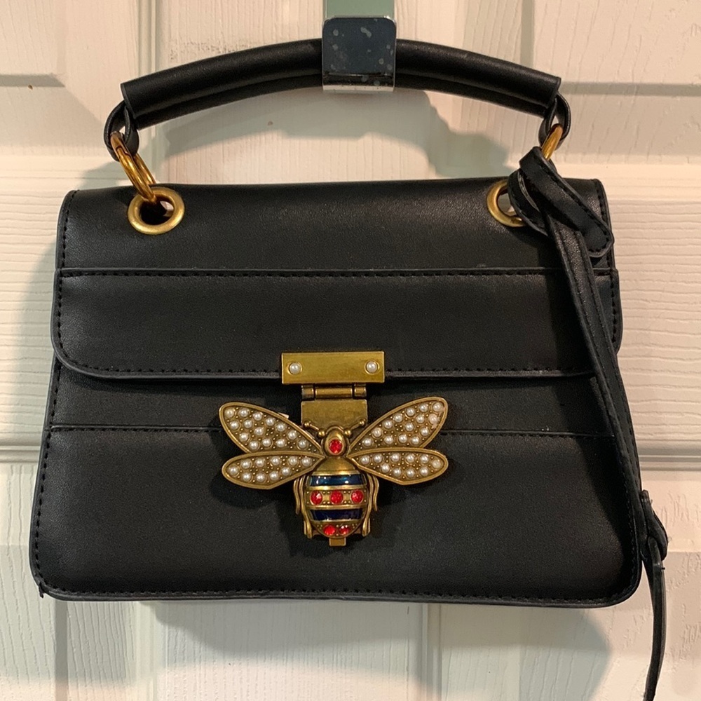 Vintage Queen Bee Embellished Top Handle Black Vegan Leather Handbag Purse